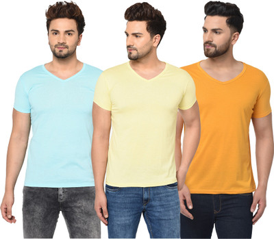 Jaskart Solid Men V Neck Light Blue, Yellow T-Shirt