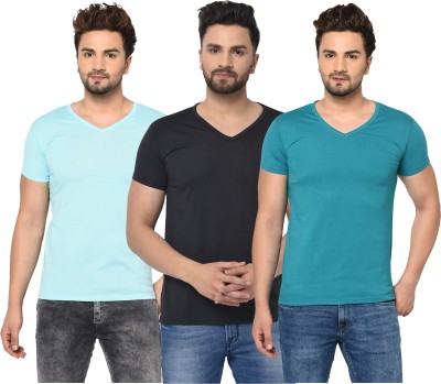 Tivy Solid Men V Neck Light Blue, Blue, Black T-Shirt