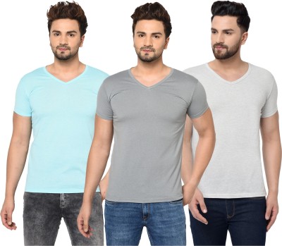 Tivy Solid Men V Neck Light Blue, Grey T-Shirt