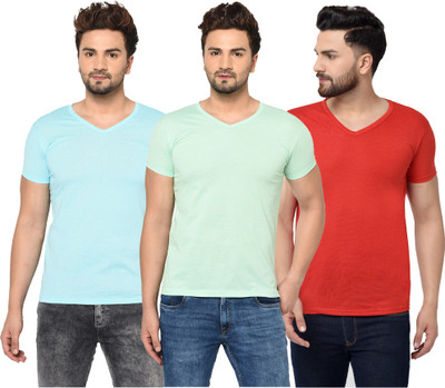Tivy Solid Men V Neck Light Blue, Red, Light Green T-Shirt