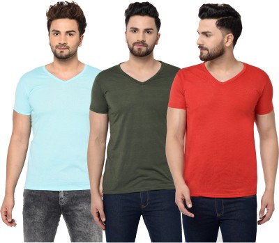 Jaskart Solid Men V Neck Dark Green, Light Blue, Red T-Shirt