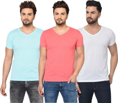 Jaskart Solid Men V Neck Light Blue, White, Pink T-Shirt