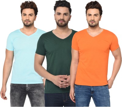 Jaskart Solid Men V Neck Light Blue, Dark Green, Orange T-Shirt