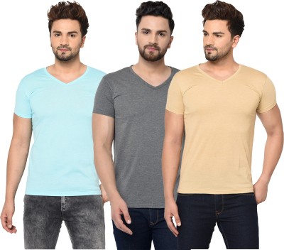 Tivy Solid Men V Neck Blue, Beige, Grey T-Shirt