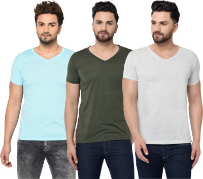 Tivy Solid Men V Neck Dark Blue, Light Blue, Grey T-Shirt