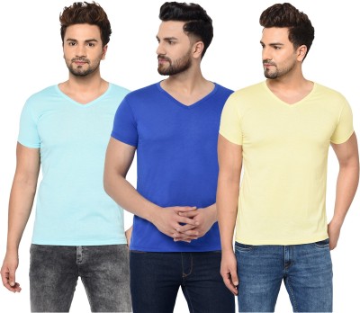 Unite Wear Solid Men V Neck Blue, Yellow T-Shirt