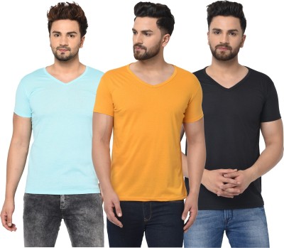 Tivy Solid Men V Neck Light Blue, Black, Yellow T-Shirt