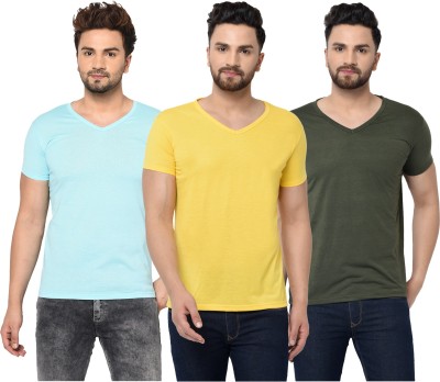 Tivy Solid Men V Neck Light Blue, Dark Green, Yellow T-Shirt