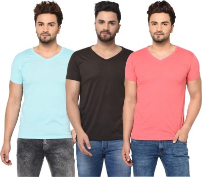 Tivy Solid Men V Neck Light Blue, Brown, Pink T-Shirt