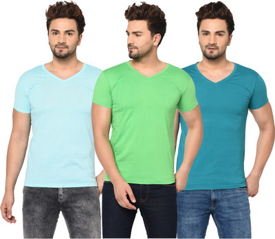 Jangoboy Solid Men V Neck Light Blue, Blue, Light Green T-Shirt