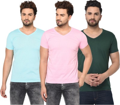 Unite Wear Solid Men V Neck Dark Green, Light Blue, Pink T-Shirt