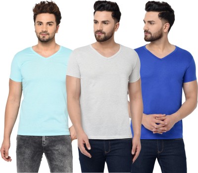 Jaskart Solid Men V Neck Light Blue, Blue, Grey T-Shirt