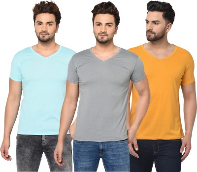 Jaskart Solid Men V Neck Light Blue, Grey, Yellow T-Shirt