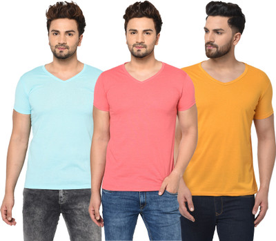 Jangoboy Solid Men V Neck Light Blue, Pink, Yellow T-Shirt