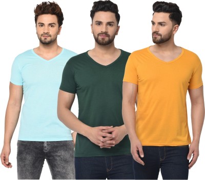 Jaskart Solid Men V Neck Dark Green, Light Blue, Yellow T-Shirt