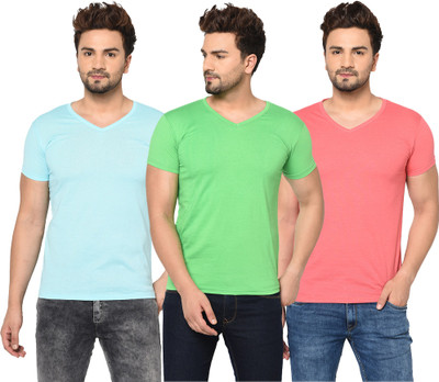 Jaskart Solid Men V Neck Light Blue, Green, Pink T-Shirt