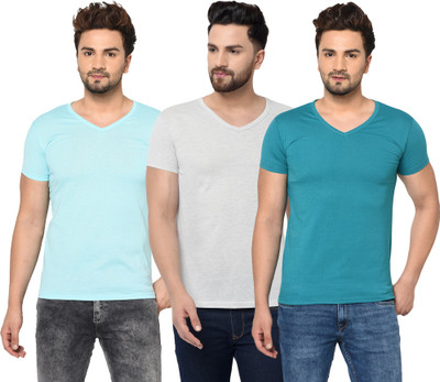 Jangoboy Solid Men V Neck Light Blue, White, Blue T-Shirt
