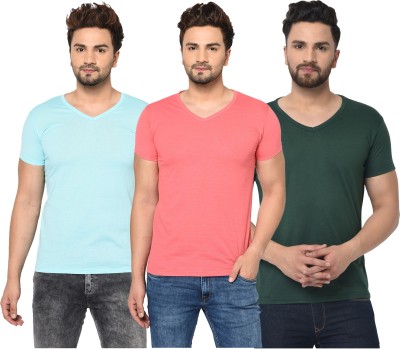 Jaskart Solid Men V Neck Dark Green, Light Blue, Pink T-Shirt