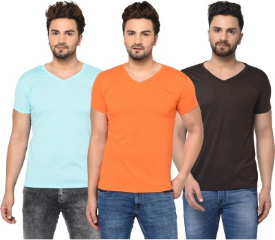 Adorbs Solid Men V Neck Light Blue, Brown, Orange T-Shirt