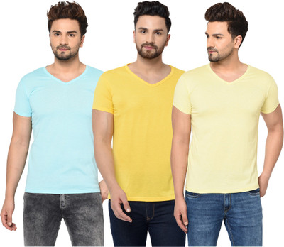 Jangoboy Solid Men V Neck Light Blue, Yellow T-Shirt