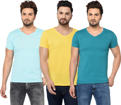 Jangoboy Solid Men V Neck Dark Blue, Light Blue, Yellow T-Shirt