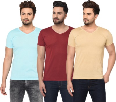 Jaskart Solid Men V Neck Light Blue, Maroon, Beige T-Shirt