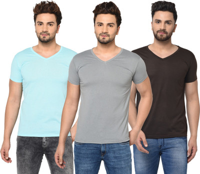 Jangoboy Solid Men V Neck Light Blue, Brown, Grey T-Shirt