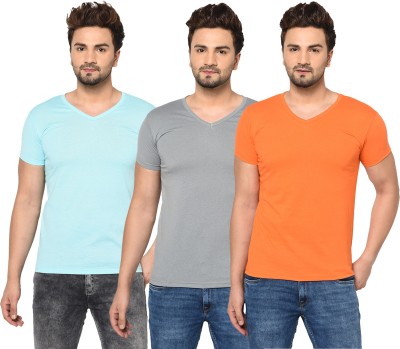 Adorbs Solid Men V Neck Light Blue, Orange, Grey T-Shirt