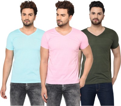 Tivy Solid Men V Neck Light Blue, Dark Green, Pink T-Shirt