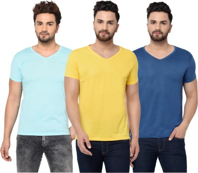 Adorbs Solid Men V Neck Dark Blue, Light Blue, Yellow T-Shirt