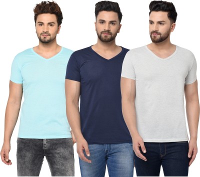 Jaskart Solid Men V Neck Dark Blue, Light Blue, Grey T-Shirt