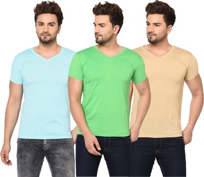 Jaskart Solid Men V Neck Light Blue, Beige, Light Green T-Shirt