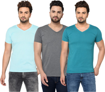 Jangoboy Solid Men V Neck Light Blue, Green, Grey T-Shirt