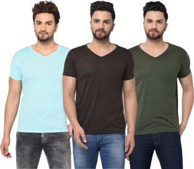 Jaskart Solid Men V Neck Light Blue, Dark Green, Brown T-Shirt