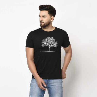 FASHLOOK Printed Men Round Neck Black T-Shirt
