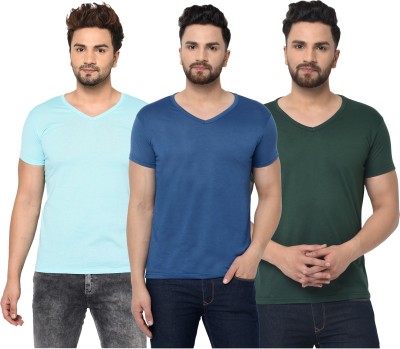 Jaskart Solid Men V Neck Light Blue, Dark Green, Blue T-Shirt