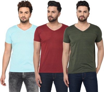 Unite Wear Solid Men V Neck Dark Green, Light Blue, Maroon T-Shirt