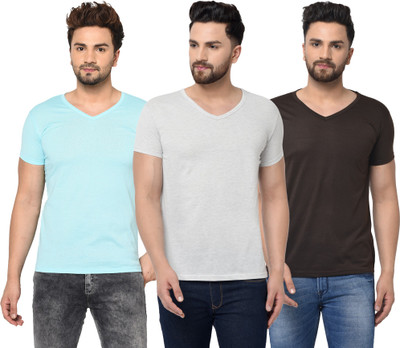 Adorbs Solid Men V Neck Brown, Blue, Grey T-Shirt