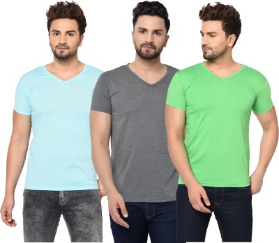 Tivy Solid Men V Neck Green, Blue, Grey T-Shirt