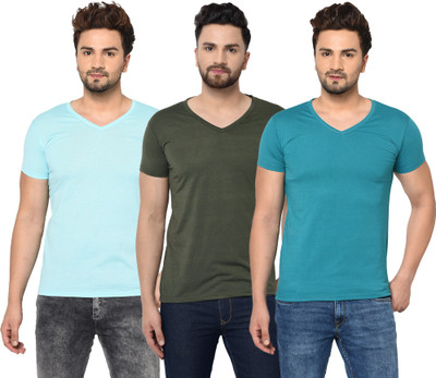 Jangoboy Solid Men V Neck Dark Green, Light Blue, Blue T-Shirt