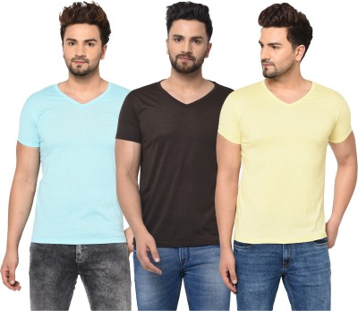 Jangoboy Solid Men V Neck Light Blue, Black, Yellow T-Shirt