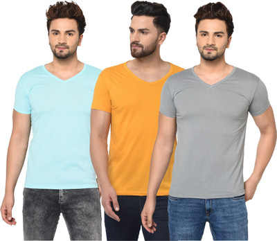 Adorbs Solid Men V Neck Light Blue, Grey, Yellow T-Shirt