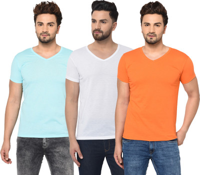 Jangoboy Solid Men V Neck Light Blue, White, Orange T-Shirt