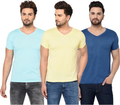 Jaskart Solid Men V Neck Light Blue, Blue, Yellow T-Shirt