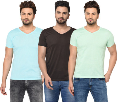 Jangoboy Solid Men V Neck Light Blue, Brown, Light Green T-Shirt