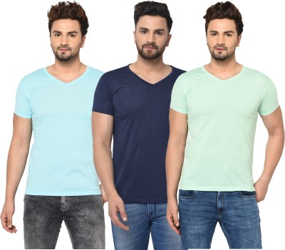 Tivy Solid Men V Neck Dark Blue, Light Blue, Light Green T-Shirt