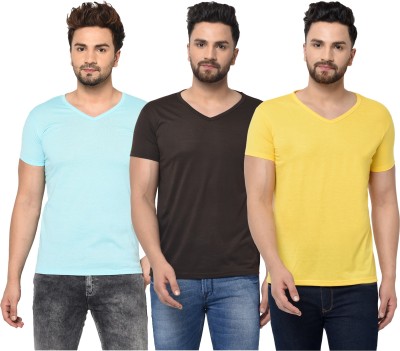 Tivy Solid Men V Neck Light Blue, Brown, Yellow T-Shirt