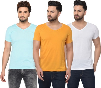 Adorbs Solid Men V Neck White, Blue, Yellow T-Shirt