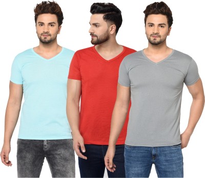 Unite Wear Solid Men V Neck Light Blue, Red, Grey T-Shirt