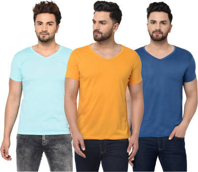 Jangoboy Solid Men V Neck Light Blue, Blue, Yellow T-Shirt